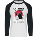 Catzilla Funny Cat Parody Mens L/S Baseball T-Shirt White/Black