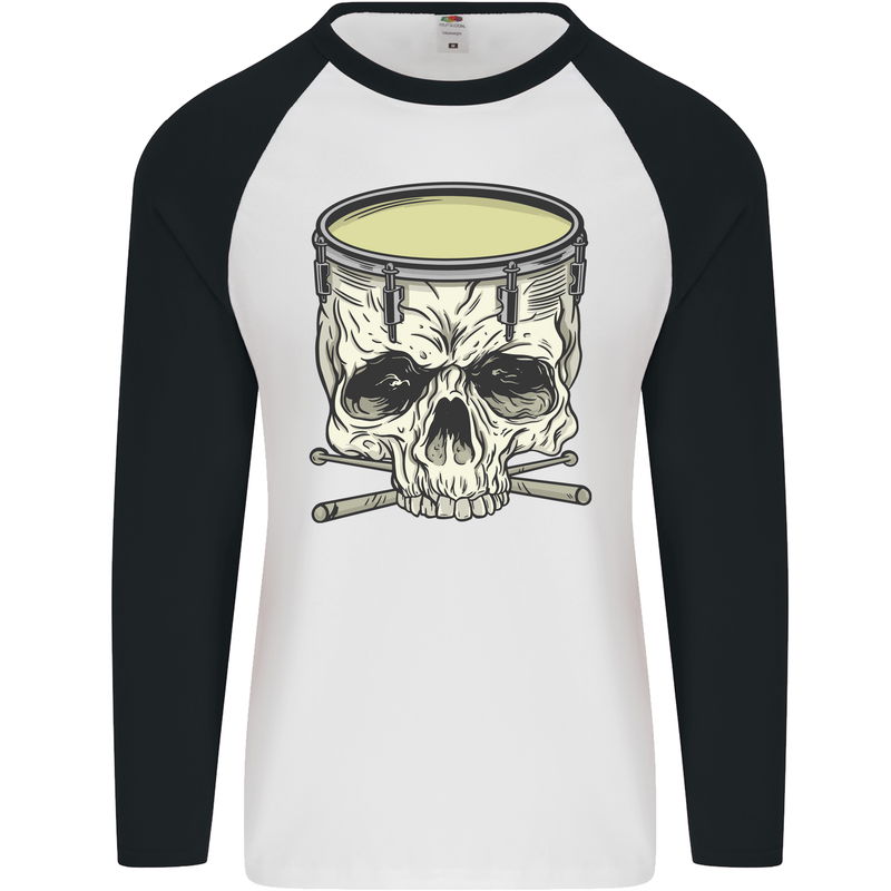 Skull Snare Drum Drummer Drumming Mens L/S Baseball T-Shirt White/Black