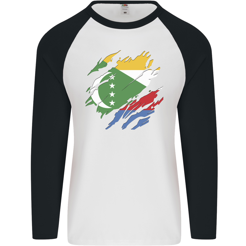 Torn Comoros Flag Comorian Day Football Mens L/S Baseball T-Shirt White/Black