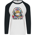 Turn It Up Monkey DJ Headphones Music Mens L/S Baseball T-Shirt White/Black