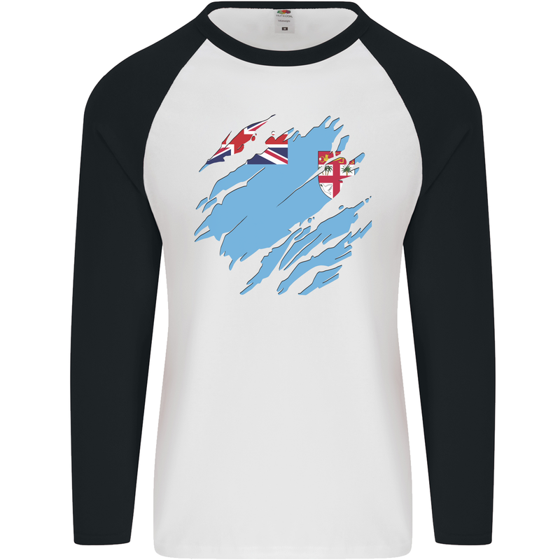 Torn Fiji Flag Fijian Day Football Mens L/S Baseball T-Shirt White/Black