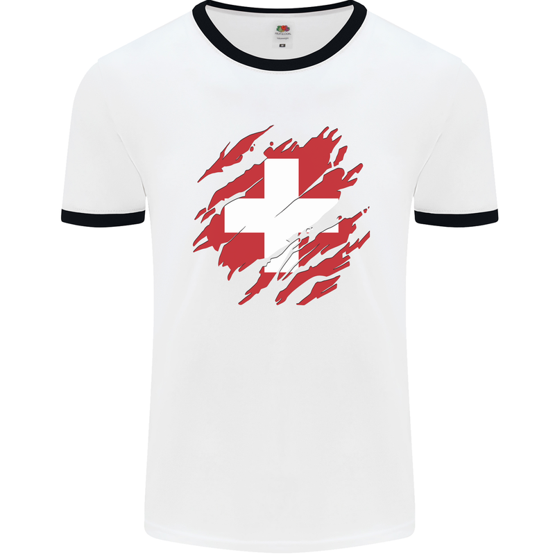 Torn Switzerland Flag Swiss Day Football Mens Ringer T-Shirt White/Black