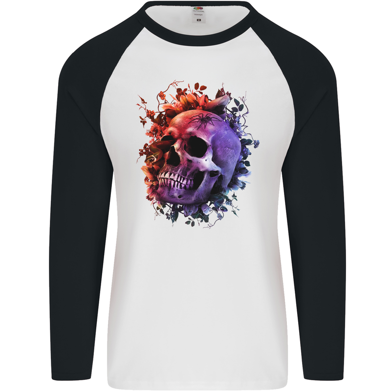 Skull With Spider Flowers and Spider Mens L/S Baseball T-Shirt White/Black