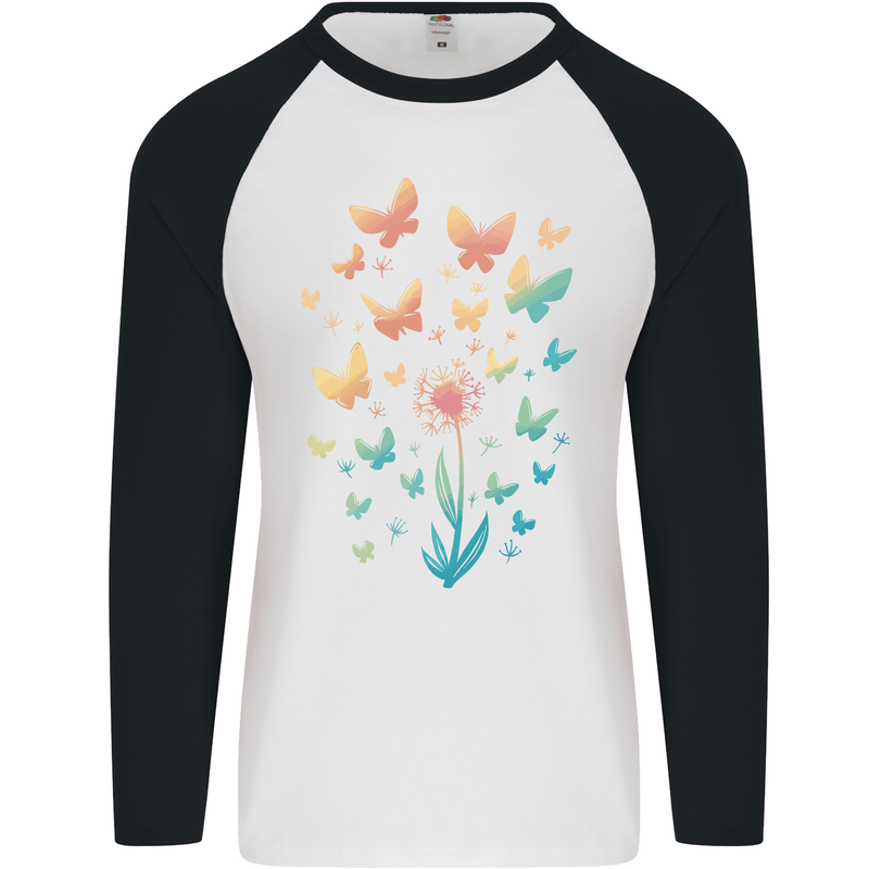 Dandelion Butterfly Plant Gardening Mens L/S Baseball T-Shirt White/Black