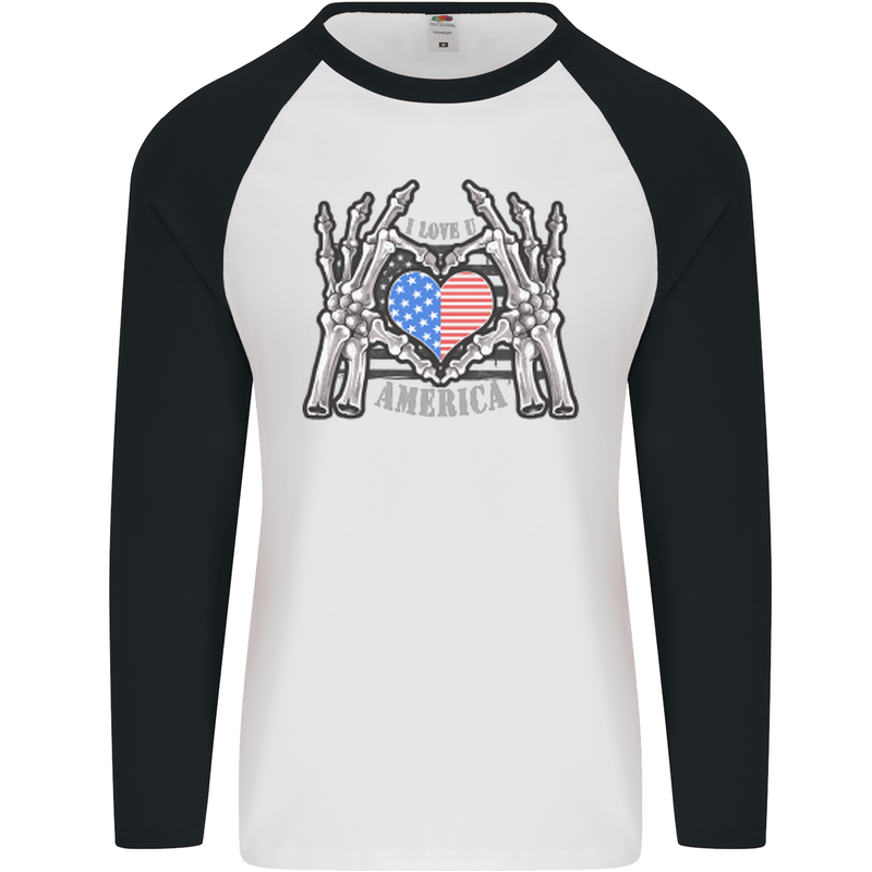 I Love You America 4th of July USA Flag Mens L/S Baseball T-Shirt White/Black