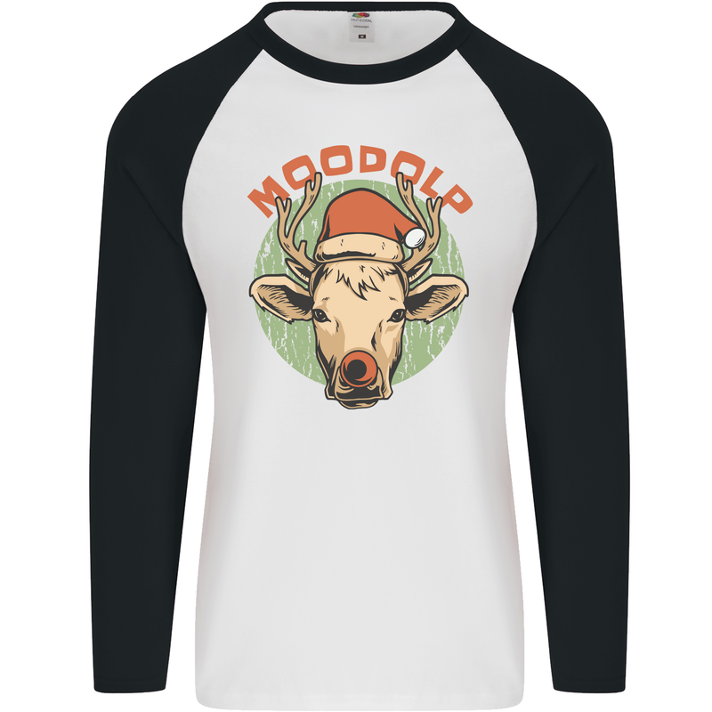 Moodolf Funny Rudolf Christmas Cow Mens L/S Baseball T-Shirt White/Black