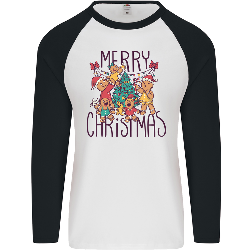 Gingerbread Man Merry Christmas Mens L/S Baseball T-Shirt White/Black