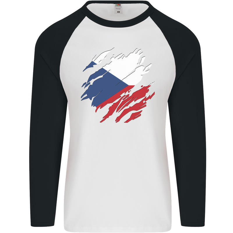 Torn Czechia Flag Czech Republic Day Football Mens L/S Baseball T-Shirt White/Black