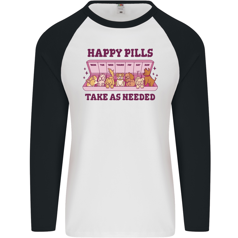 Dog Happy Pills Mens L/S Baseball T-Shirt White/Black