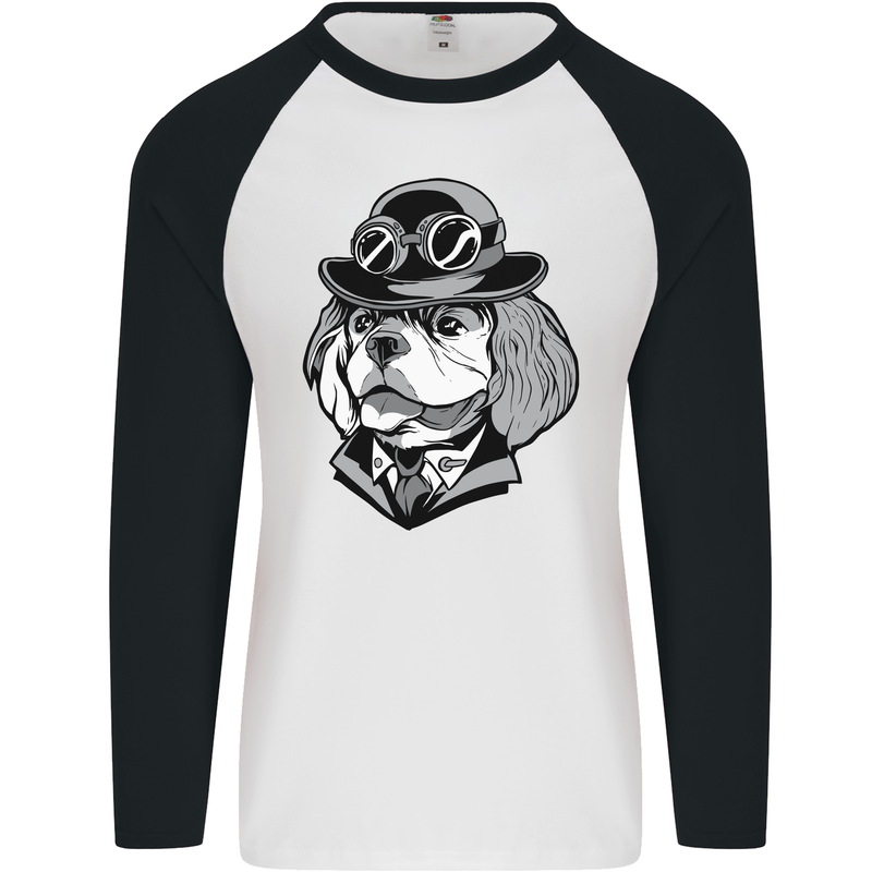 Steampunk King Charles Spaniel Cavelier Mens L/S Baseball T-Shirt White/Black