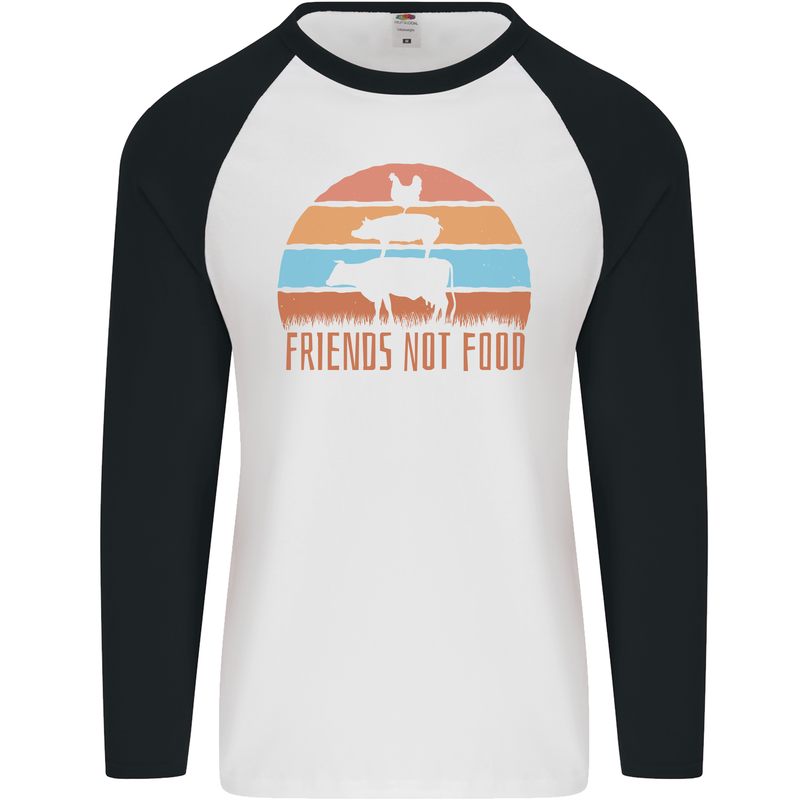 Vegetarian Animals Friends Not Food Vegan 2 Mens L/S Baseball T-Shirt White/Black