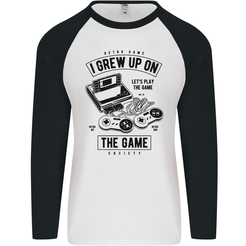 I Grew up on the Gamer Funny Gaming Mens L/S Baseball T-Shirt White/Black