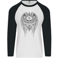 Skull Wings Viking Gothic  Wings Gym Biker Mens L/S Baseball T-Shirt White/Black