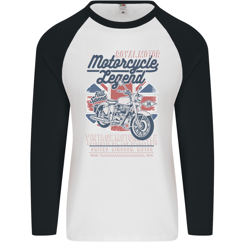 Motorcycle Legend Biker Union Jack British Mens L/S Baseball T-Shirt White/Black