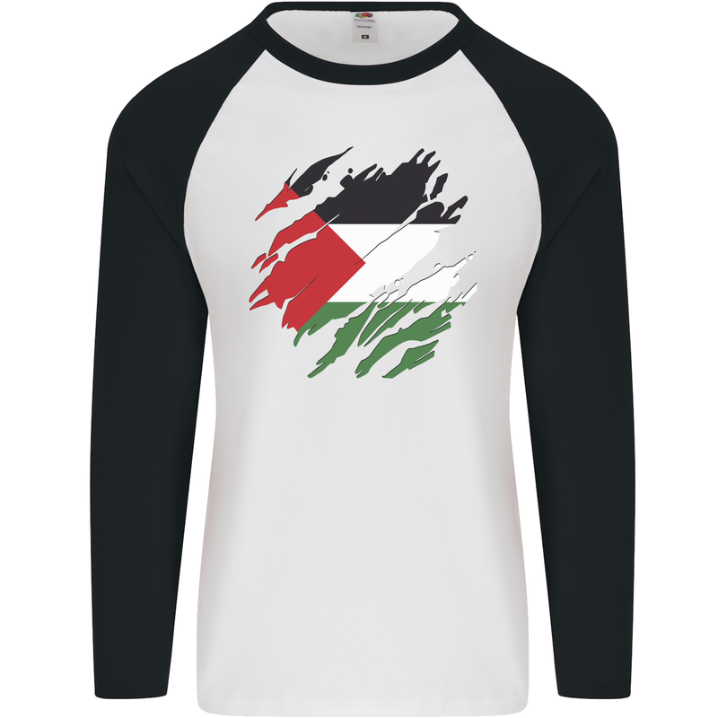 Torn Palestine Flag Palestinian Day Football Mens L/S Baseball T-Shirt White/Black