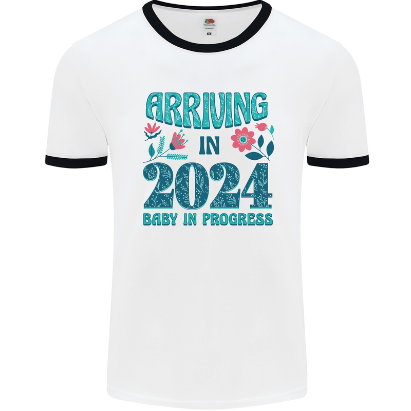 Arriving 2024 New Baby Pregnancy Pregnant Mens Ringer T-Shirt White/Black