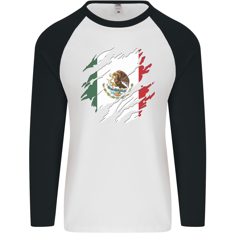 Torn Mexico Flag Mexican Day Football Mens L/S Baseball T-Shirt White/Black