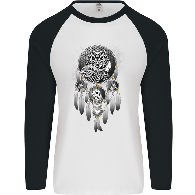 Bring the Nightmare Tribal Owl Skull Gothic Mens L/S Baseball T-Shirt White/Black