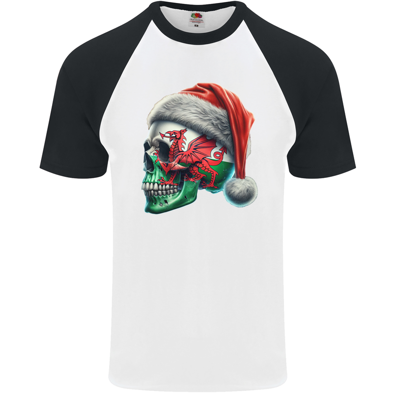 Welsh Christmas Skull Xmas Wales Flag Biker Rugby Mens S/S Baseball T-Shirt White/Black