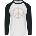 Floral Peace Symbol Hippie Love Mens L/S Baseball T-Shirt White/Black
