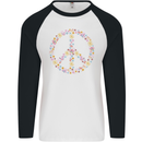 Floral Peace Symbol Hippie Love Mens L/S Baseball T-Shirt White/Black