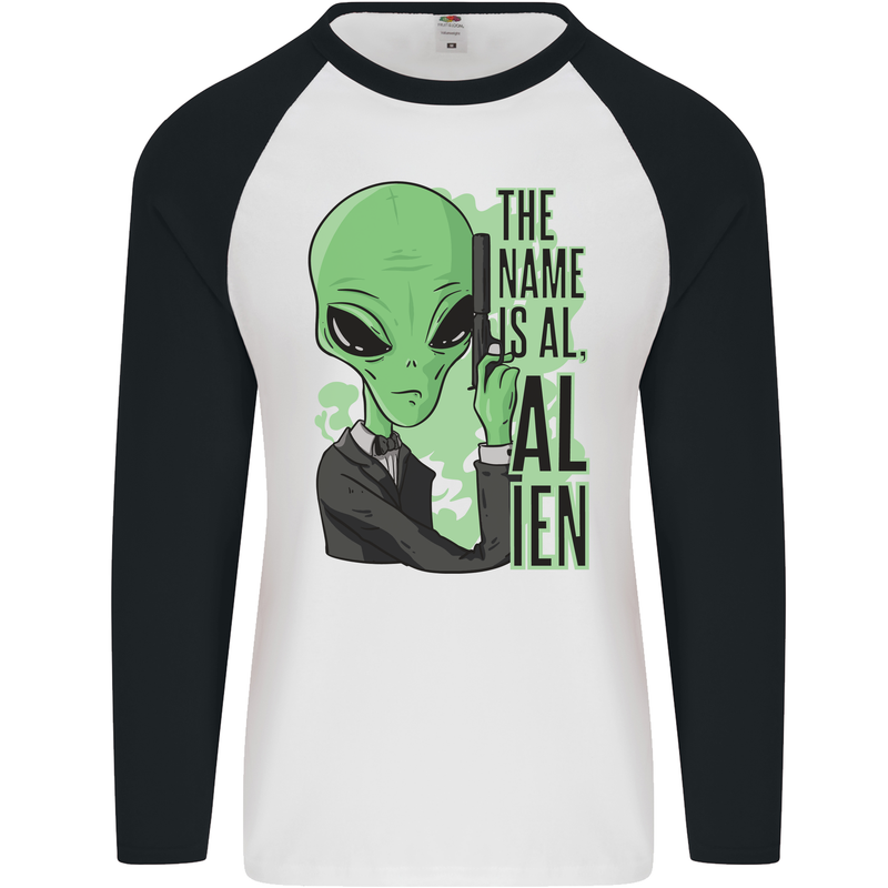 The Name is Al Alien Funny Movie Parody Mens L/S Baseball T-Shirt White/Black