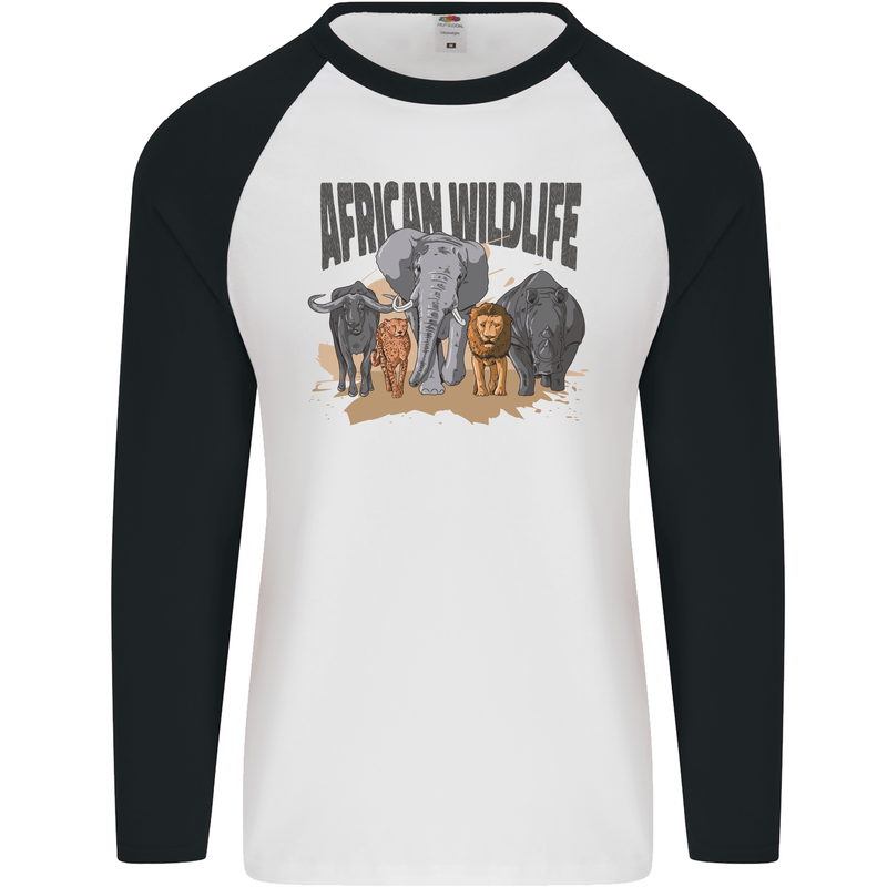 African Wildlife Elephant Lion Rhino Safari Mens L/S Baseball T-Shirt White/Black