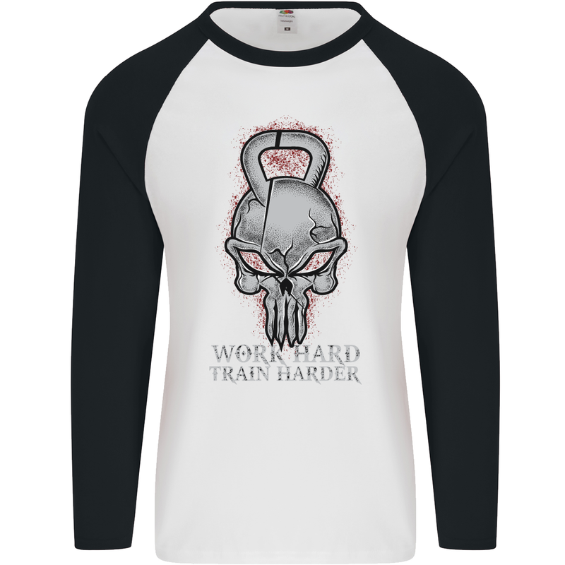 Work Hard Train Harder Training Top Workout Mens L/S Baseball T-Shirt White/Black