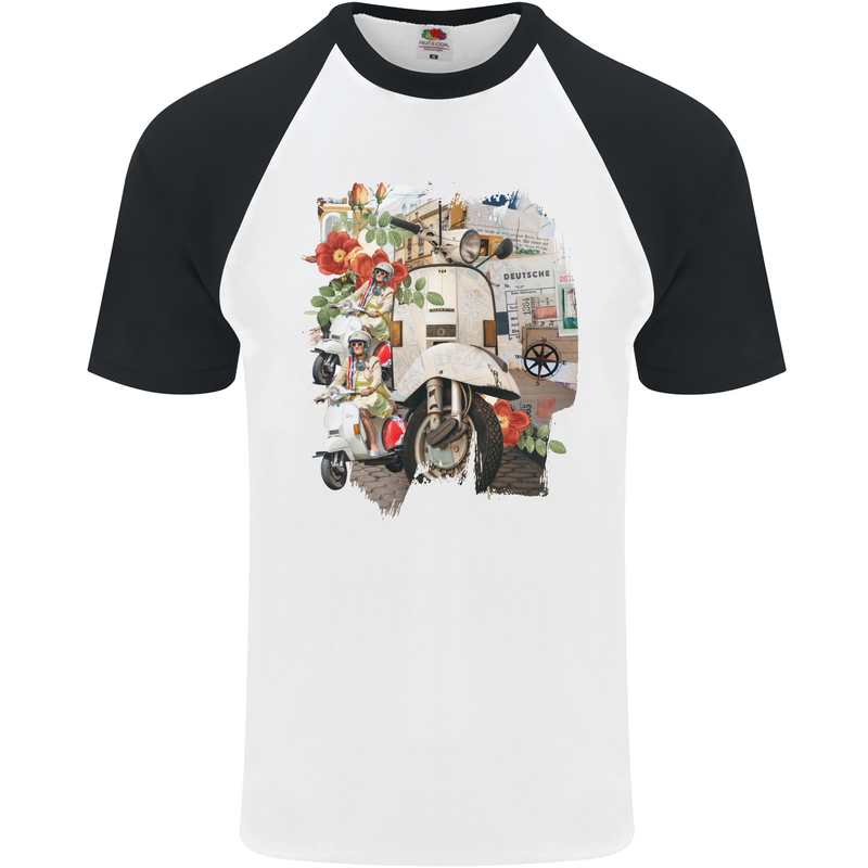 Scooter Colage MOD Culture Moped Bike Mens S/S Baseball T-Shirt White/Black