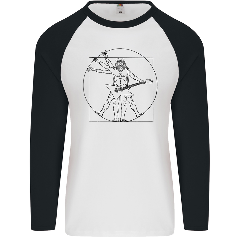 Old Rocker Vitruvian Guitarist Funny Guitar Mens L/S Baseball T-Shirt White/Black