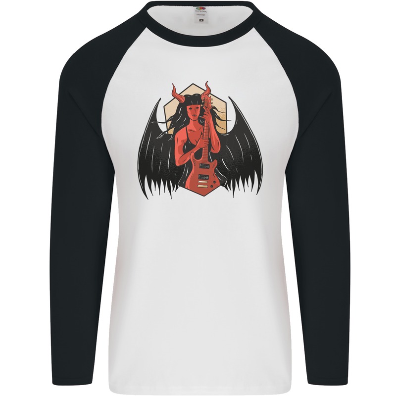 Devil Woman Guitar Death Heavy Metal Rock Mens L/S Baseball T-Shirt White/Black