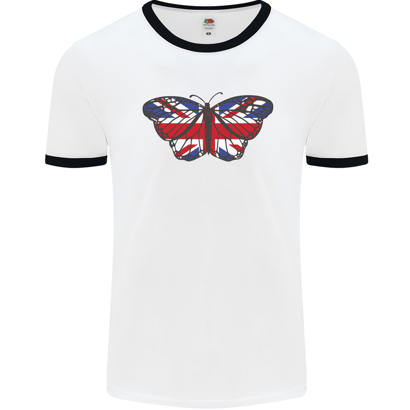 Union Jack Butterfly British Britain Flag Mens Ringer T-Shirt White/Black