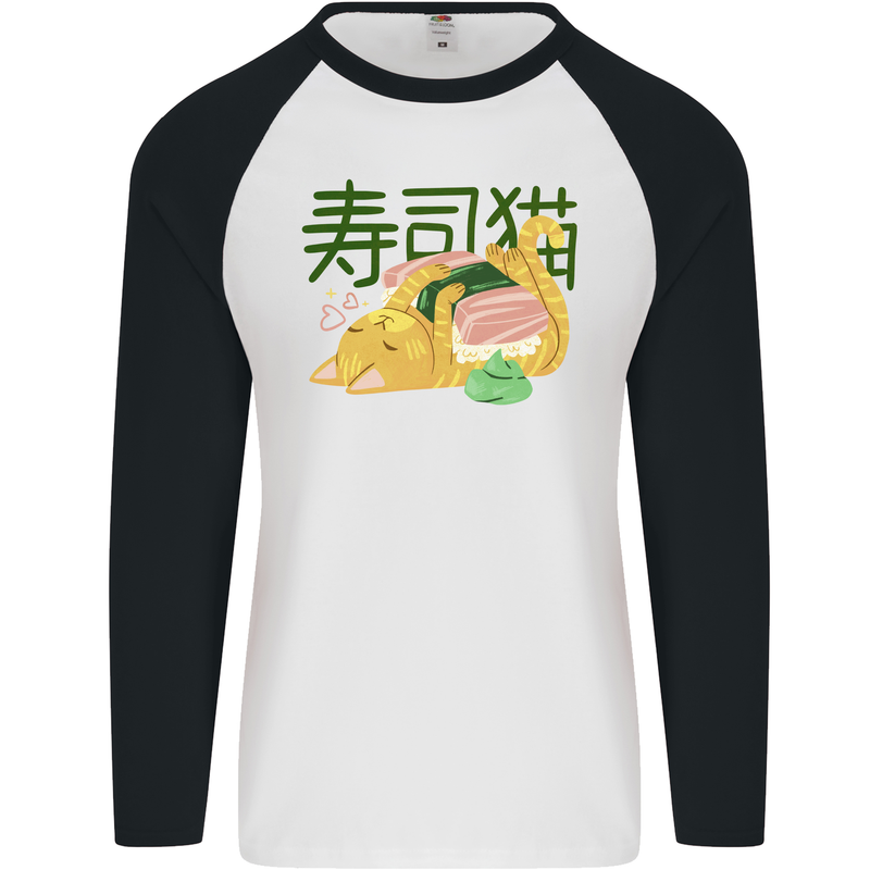 Sushi Cat Mens L/S Baseball T-Shirt White/Black