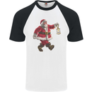 Santa Carrying a Christmas Lantern Xmas Mens S/S Baseball T-Shirt White/Black