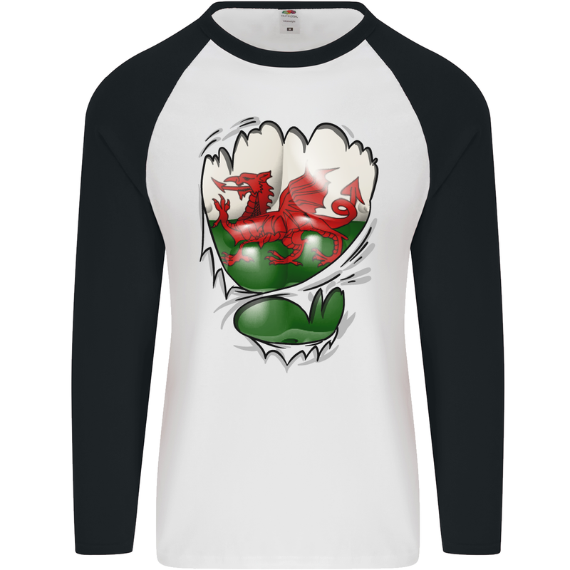 Gym The Welsh Flag Ripped Muscles Wales Mens L/S Baseball T-Shirt White/Black