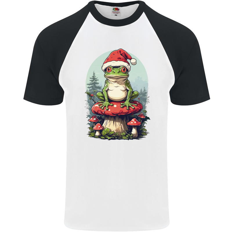 Christmas Frog Toadstool Xmas Mycology Foraging Mens S/S Baseball T-Shirt White/Black