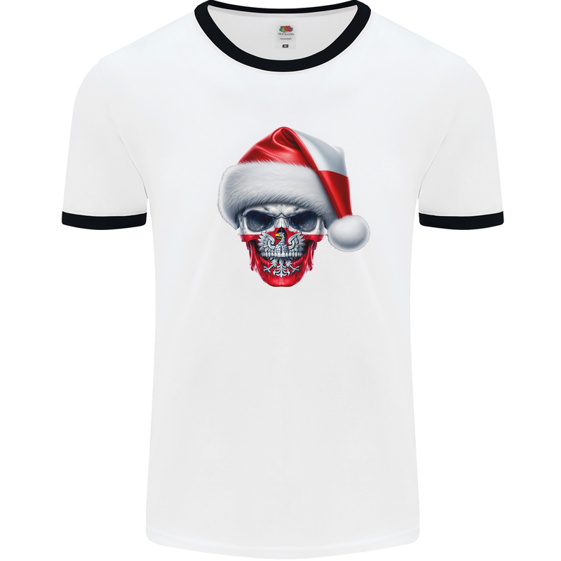 Poland Christmas Skull Xmas Polish Biker Flag Mens Ringer T-Shirt White/Black