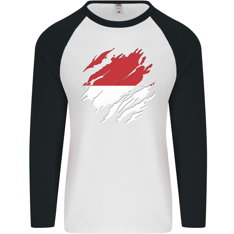 Torn Indonesia Flag Indonesian Day Football Mens L/S Baseball T-Shirt White/Black