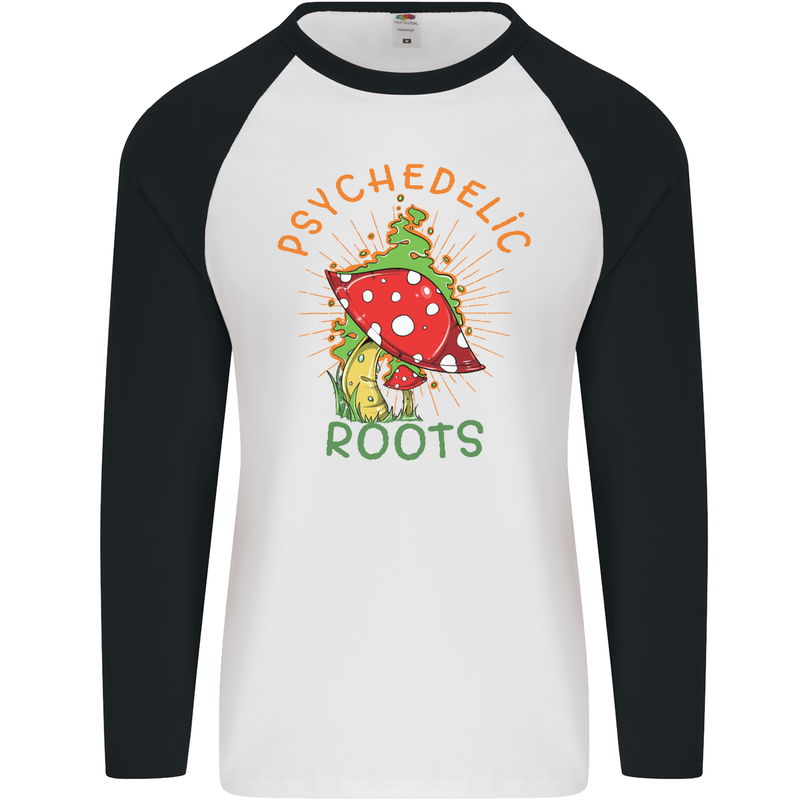 Psychedelic Roots Magic Mushrooms LSD Hippy Mens L/S Baseball T-Shirt White/Black