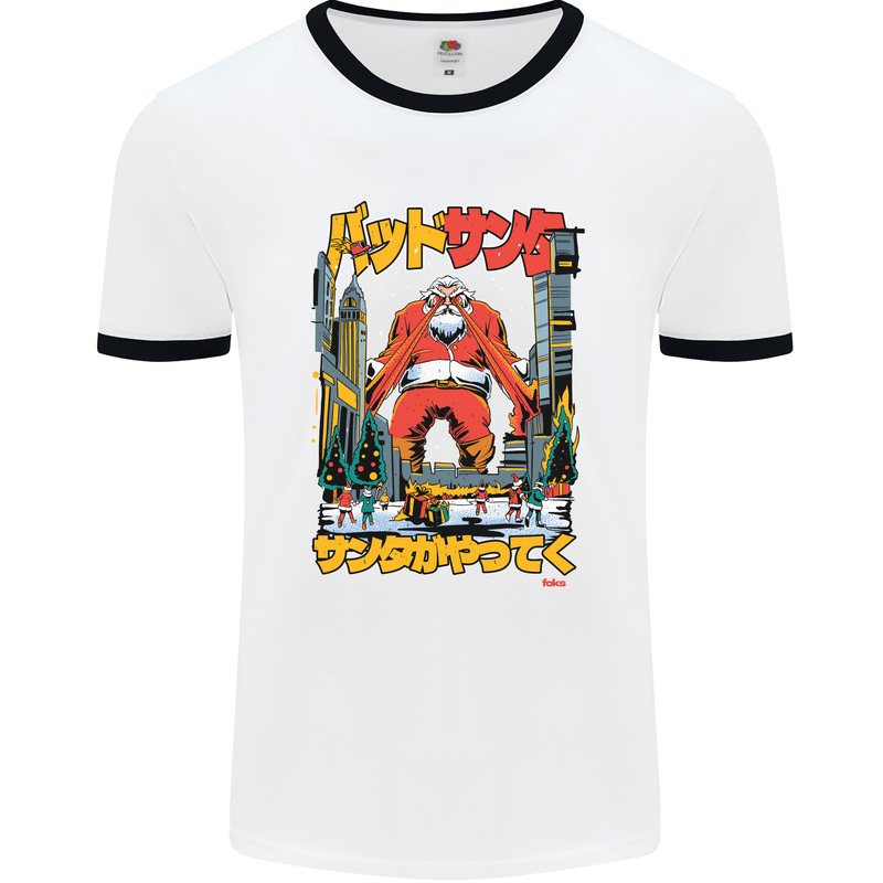 Christmas Destructive Santa Japan Anime Xmas Mens Ringer T-Shirt White/Black