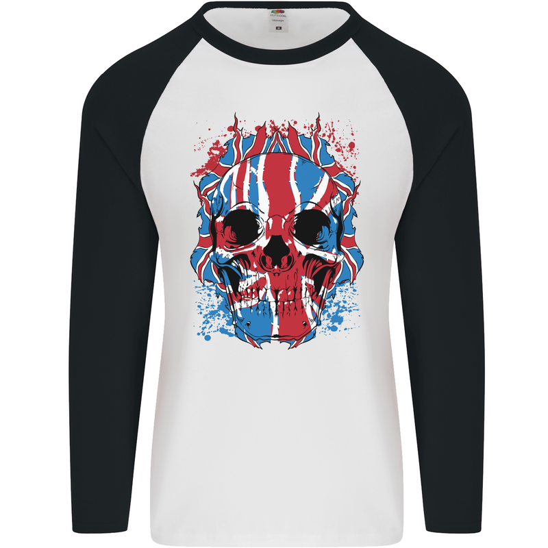 Union Jack Flag Skull Gym MMA Biker Mens L/S Baseball T-Shirt White/Black