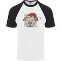 Christmas Pitbull Dog Wearing Xmas Hat Mens S/S Baseball T-Shirt White/Black