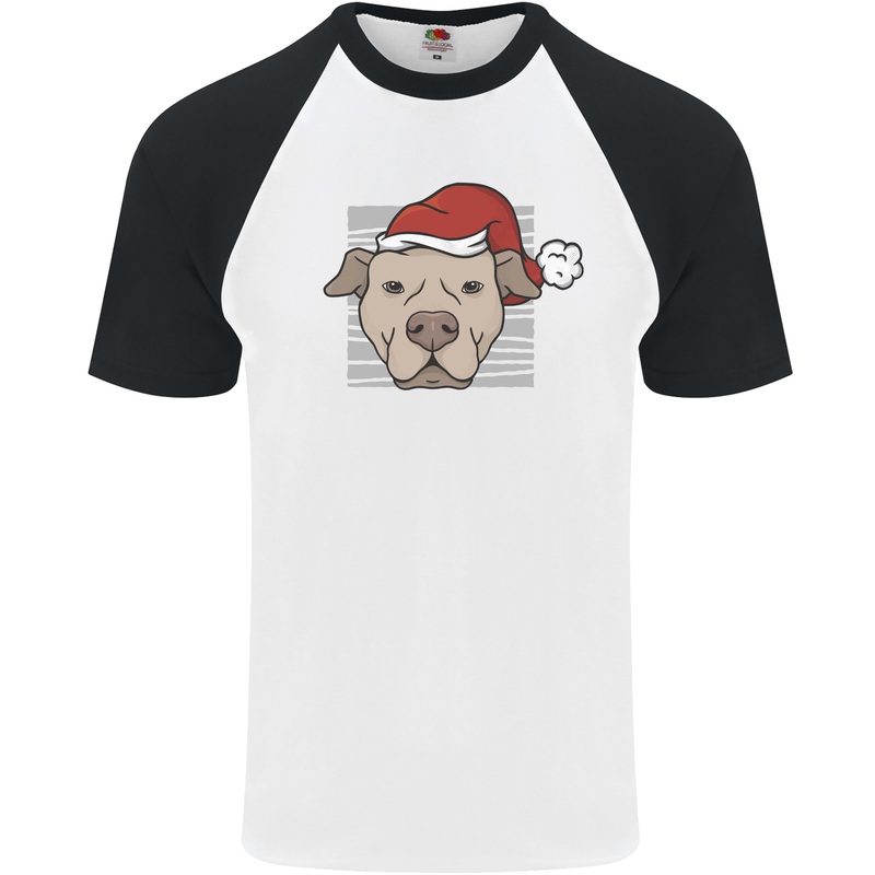 Christmas Pitbull Dog Wearing Xmas Hat Mens S/S Baseball T-Shirt White/Black