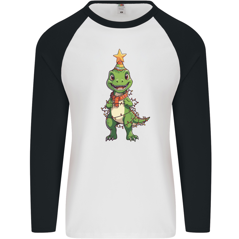 Cute Christmas T-Rex Funny Xmas Dinosaur Mens L/S Baseball T-Shirt White/Black