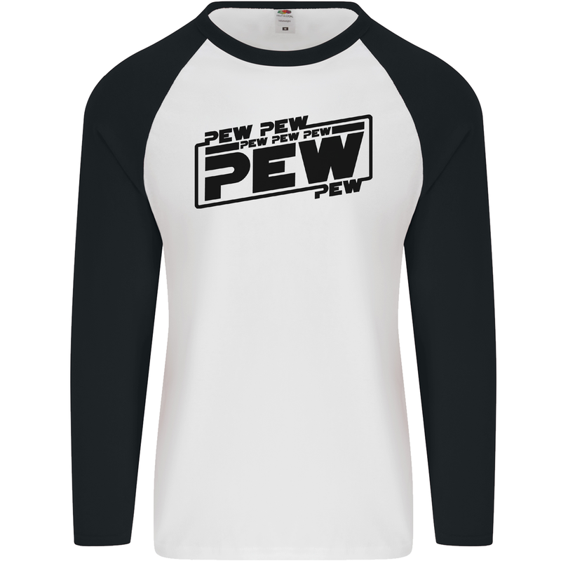 Pew Pew Pew Funny SCI-FI Movie Lightsaber Mens L/S Baseball T-Shirt White/Black