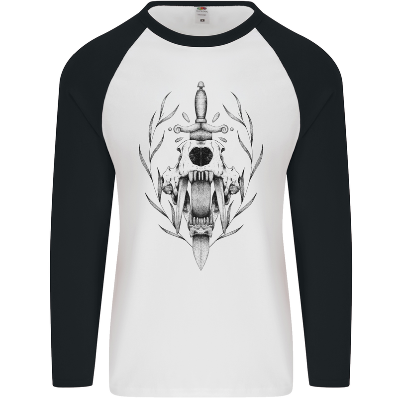 Sabre Tooth Tiger Skull Sword Mens L/S Baseball T-Shirt White/Black