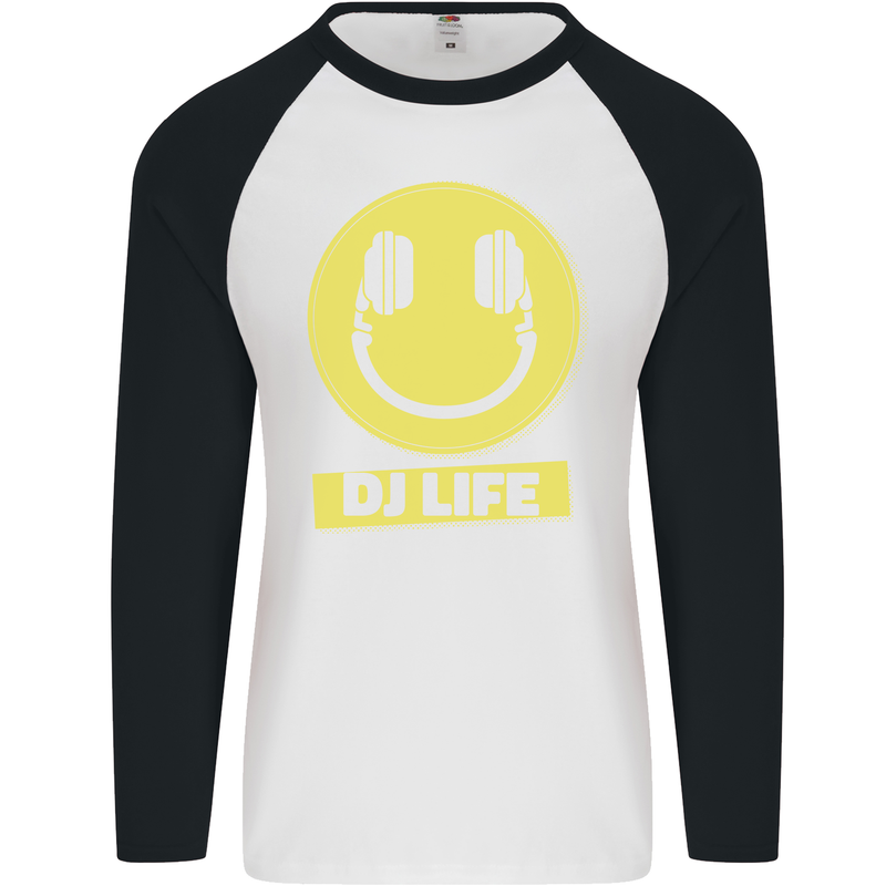 Headphones DJ Life Acid Face Vinyl Decks Mens L/S Baseball T-Shirt White/Black