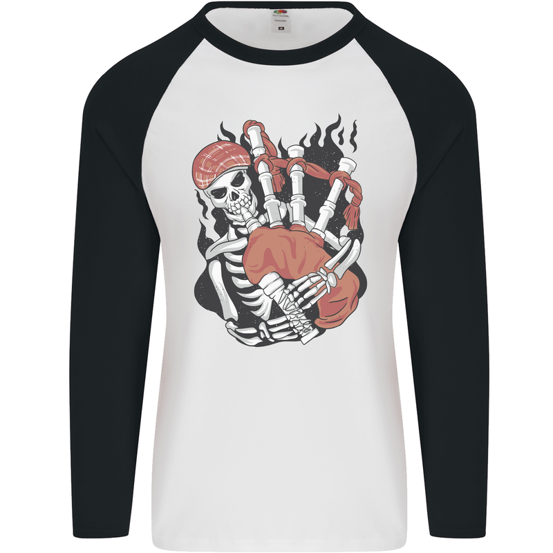 Bagpipes Skeleton Mens L/S Baseball T-Shirt White/Black