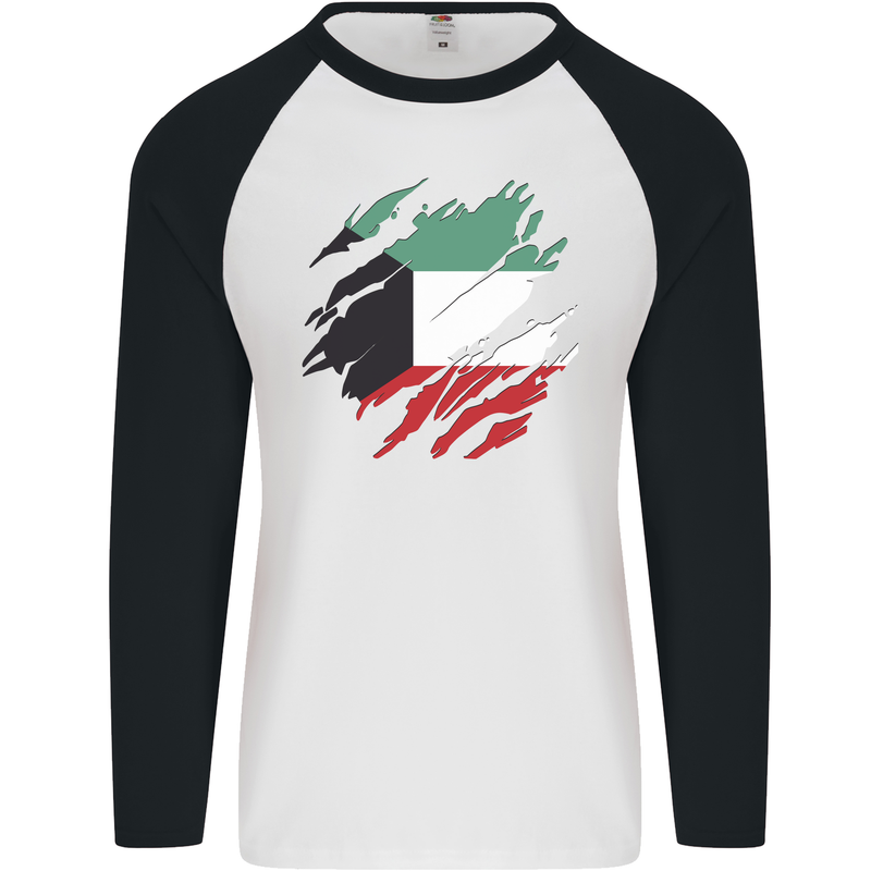 Torn Kuwait Flag Kuwaiti Day Football Mens L/S Baseball T-Shirt White/Black