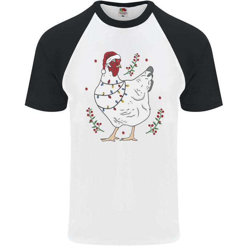 A Christmas Chicken Wearing an Xmas Hat Mens S/S Baseball T-Shirt White/Black